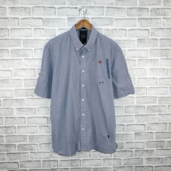 G Star RAW Correctline Men's Short Sleeve Button Down Shirt Blue gingham sz 3XL - Picture 1 of 6